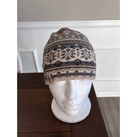 Smartwool 100% Merino Wool Fair isle Pattern Beanie Hat Beige Cream Gray - Picture 2 of 9